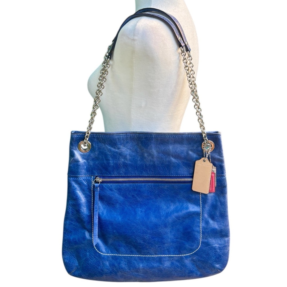 RARE Coach Poppy Cobalt Blue Crackle Leather Slim Tote with Sliding Chain 21199